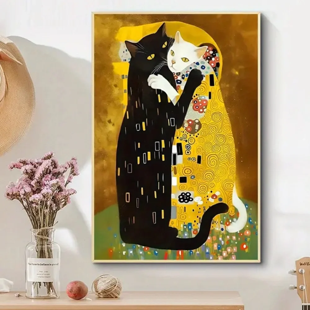 "Cat Kiss in Klimt Style" Canvas Print Feline Wall Art - Picture 1 of 5